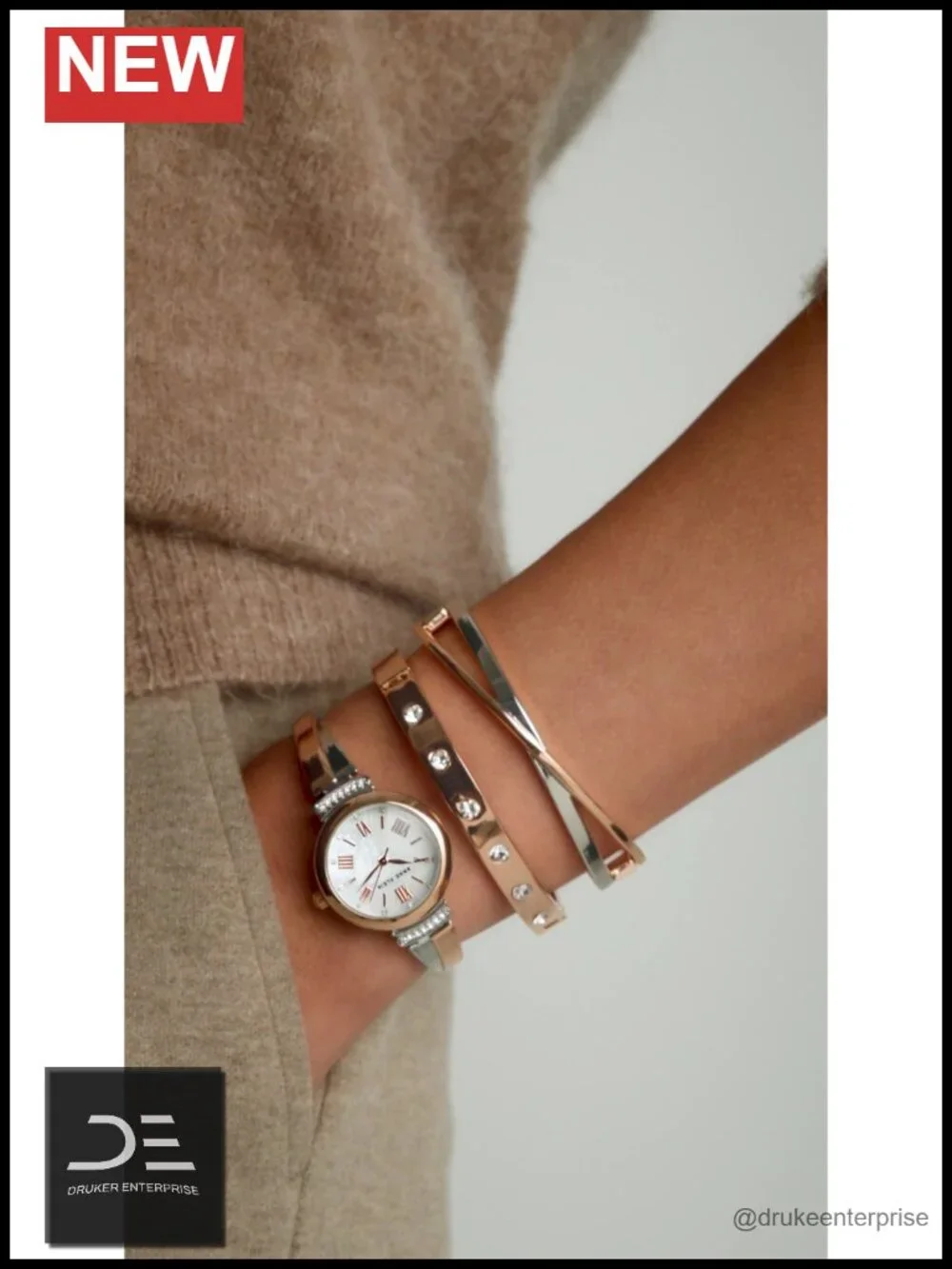 Premium Crystal Accented Bangle Watch Set with Mother-of-Pearl Dial